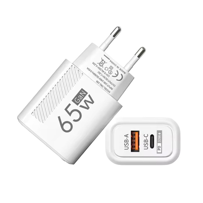 GaN-Ladegerät 65W USB-C USB-A mit Schnellladung PD und QC3.0 Weiß