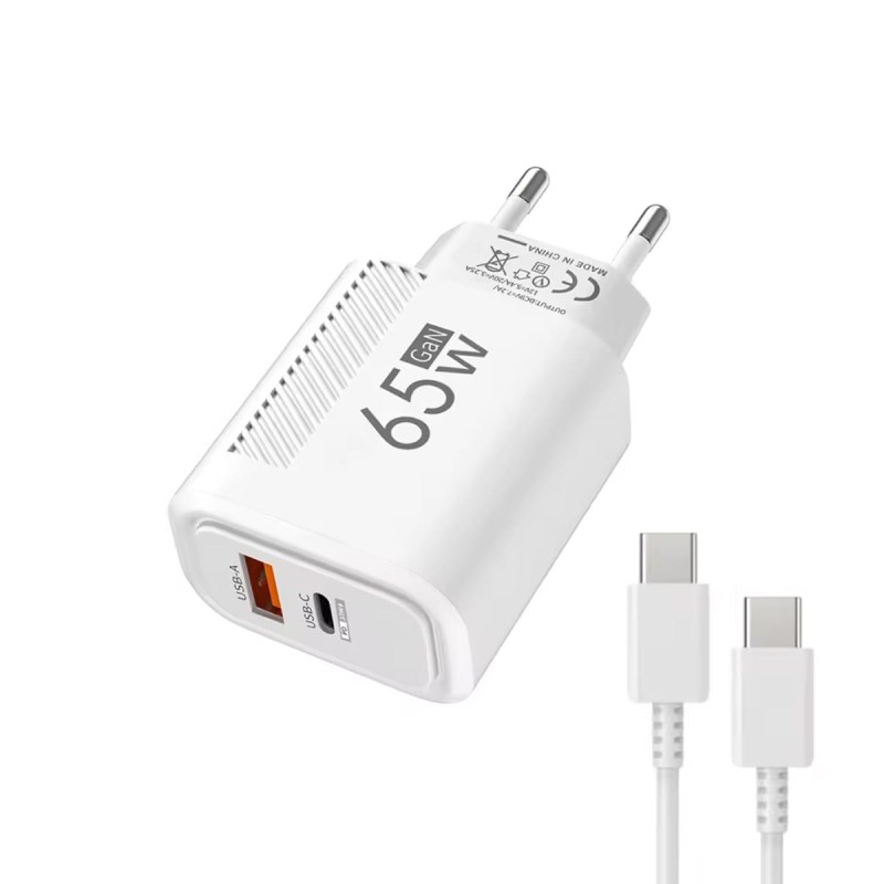 USB-C Ladegerät GaN 65W + Kabel 1m Weiß | Fast Charge PD + QC3.0
