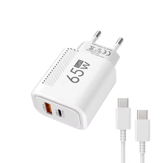 USB-C Ladegerät GaN 65W + Kabel 1m Weiß | Fast Charge PD + QC3.0