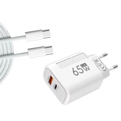 USB-C Ladegerät GaN 65W + Kabel 1m Weiß | Fast Charge PD + QC3.0