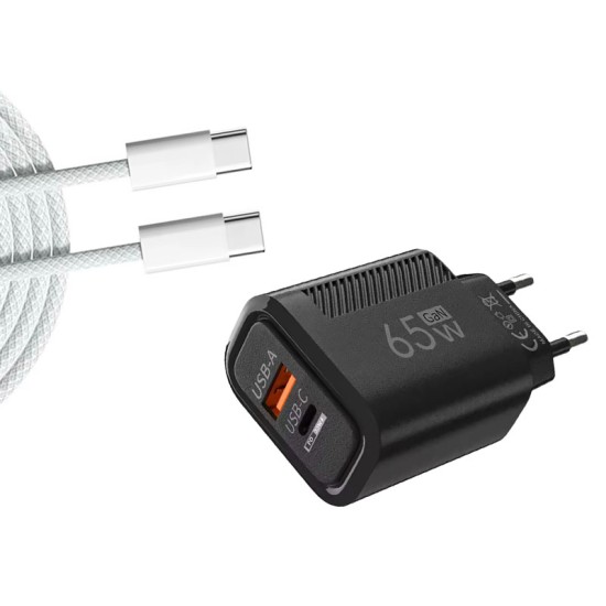 USB-C Ladegerät GaN 65W + Kabel 1m Weiß | Fast Charge PD + QC3.0